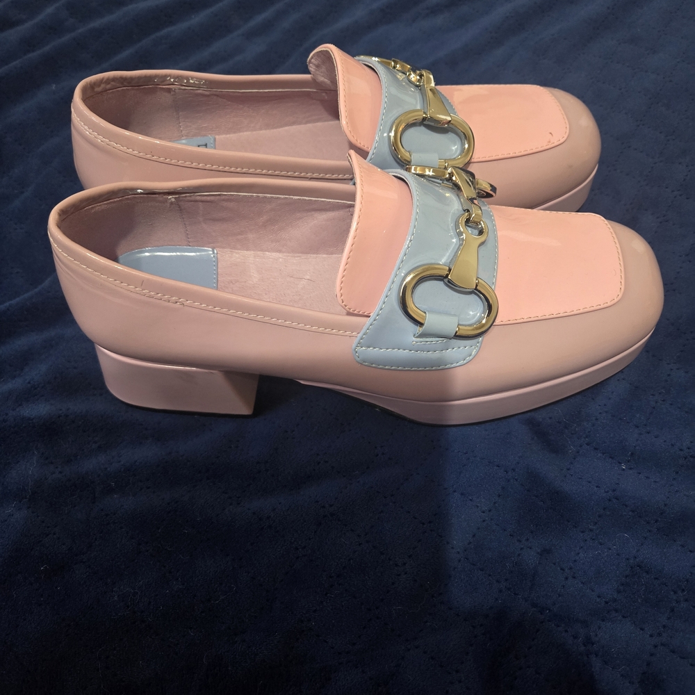 Jeffrey Campbell Pink and Blue Loafers with Gold Detail